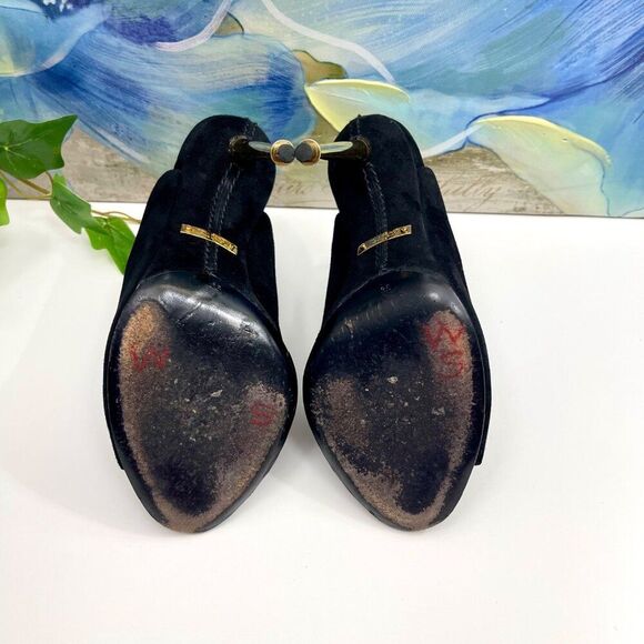 Tom Ford Black Suede Peep-Toe Mules With Gold Stiletto Heel Size 35 - Picture 11 of 12